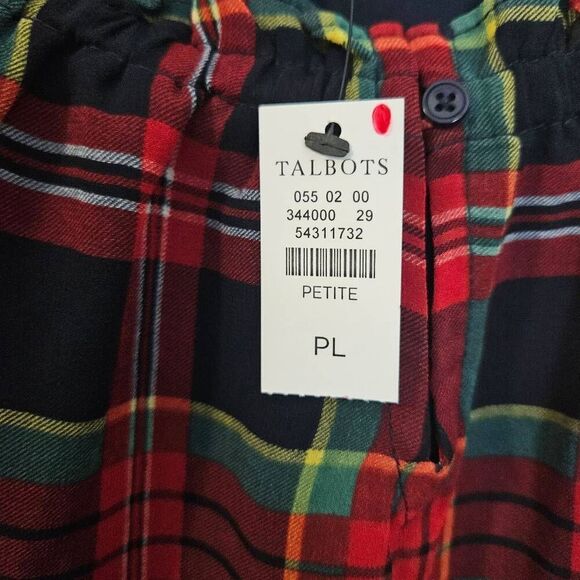 Talbots Pretty Red Green Black Plaid Lined Fun Sleeves Peasant Blouse Large Peti - Picture 2 of 4